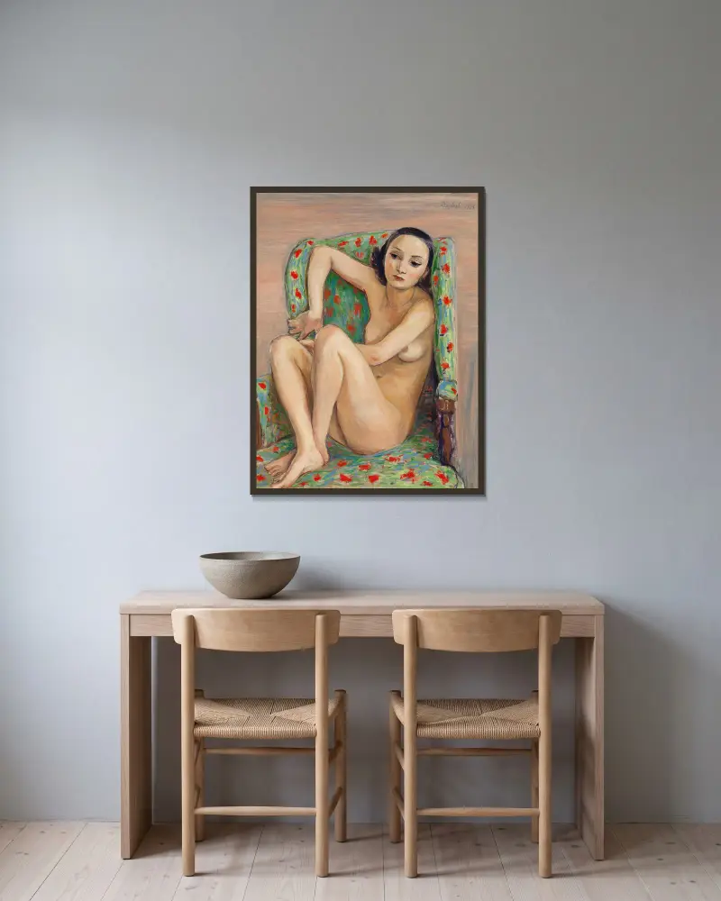 Modell i grön stol av Nils Dardel inramad på en vägg