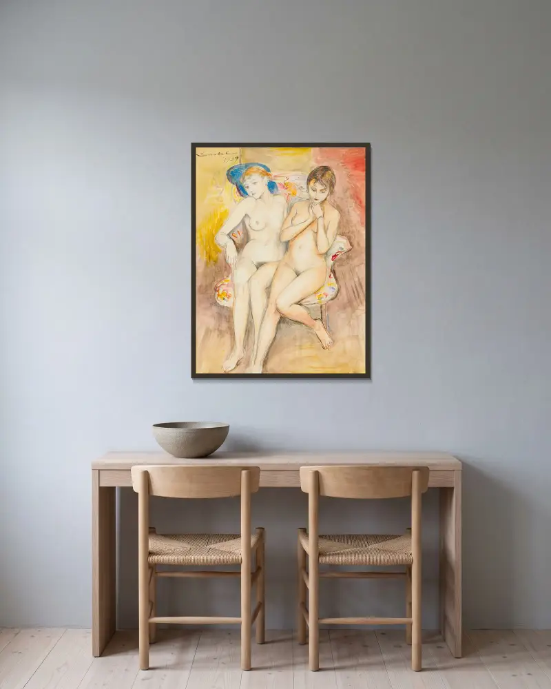 Två flickor i en stol av Nils Dardel inramad på en vägg