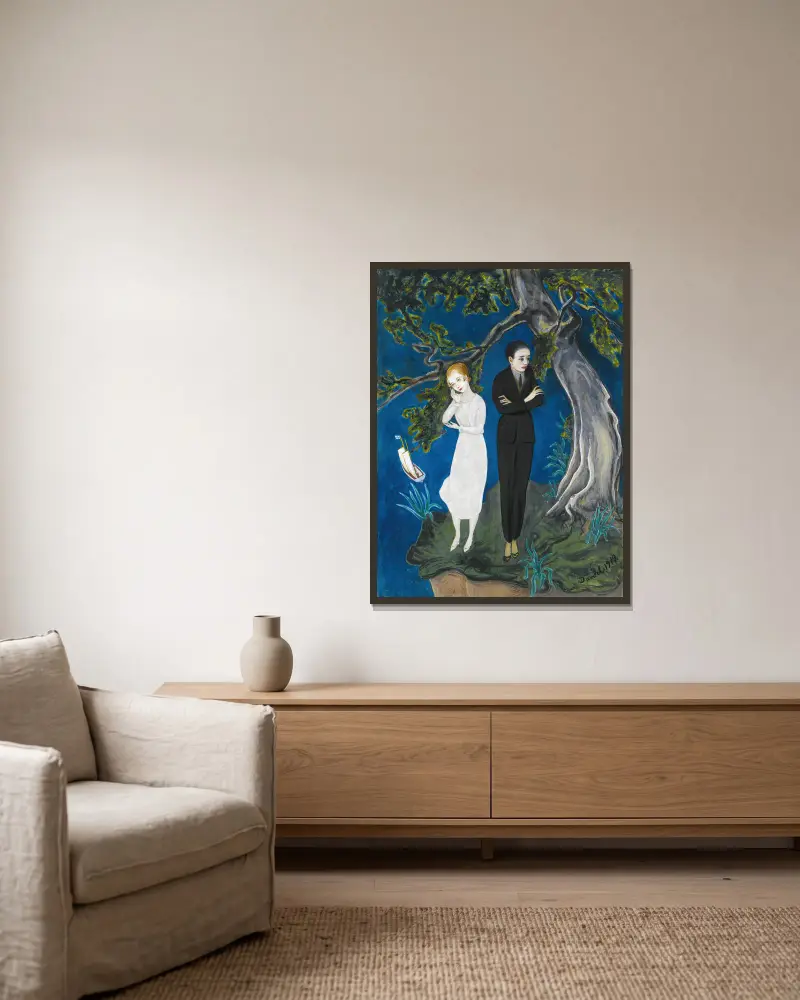 Młody mężczyzna w czerni, dziewczyna w bieli, Nils Dardel w ramie na ścianie