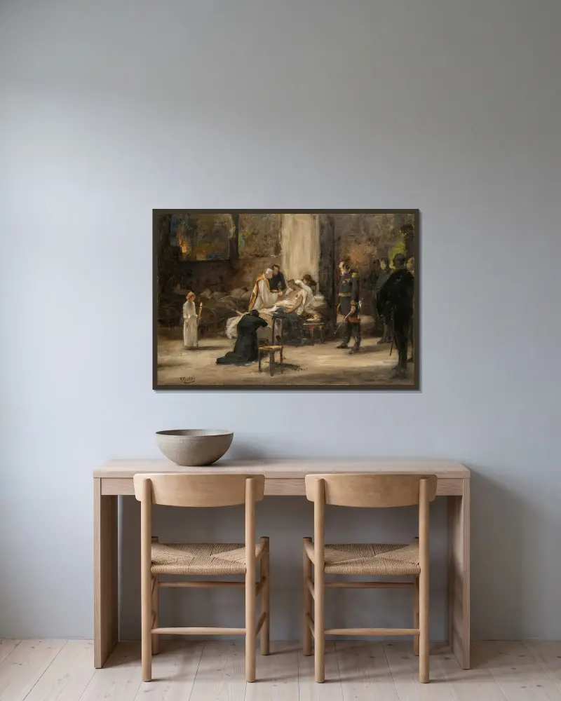 En hjältes död. Studie av Nils Forsberg inramad på en vägg