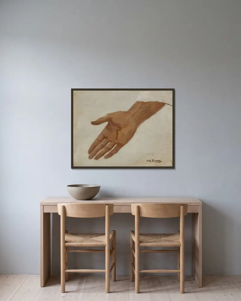 Hand. Skiss till en bild av Kristus av Nils Forsberg inramad på en vägg