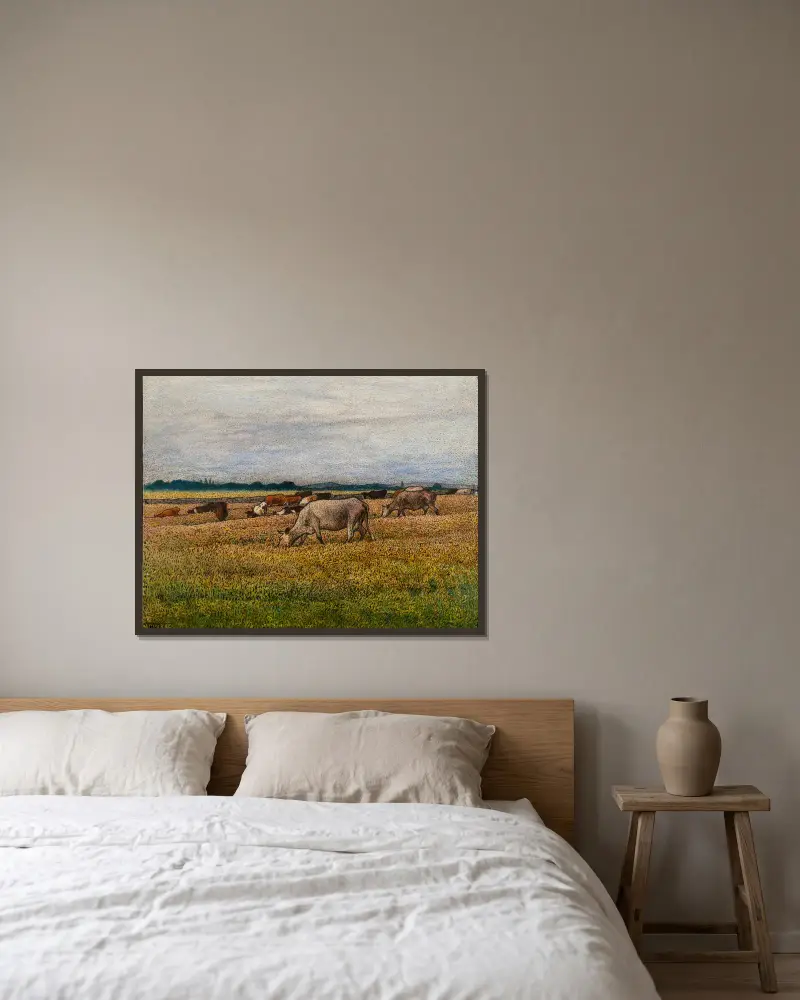 Landschaft mit Kühen von Nils Kreuger gerahmt an einer Wand