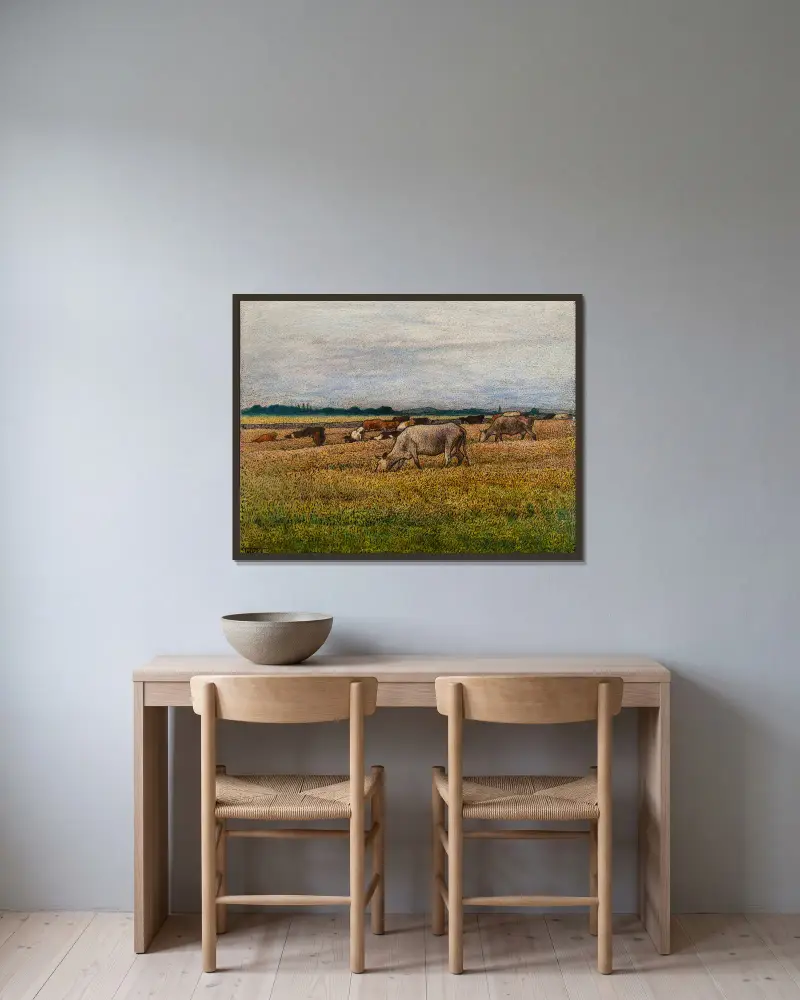 Landschaft mit Kühen von Nils Kreuger gerahmt an einer Wand