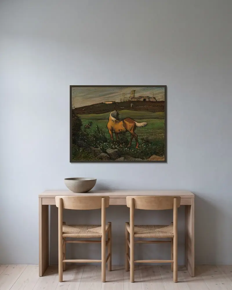 Gelbes Pferd von Nils Kreuger gerahmt an einer Wand