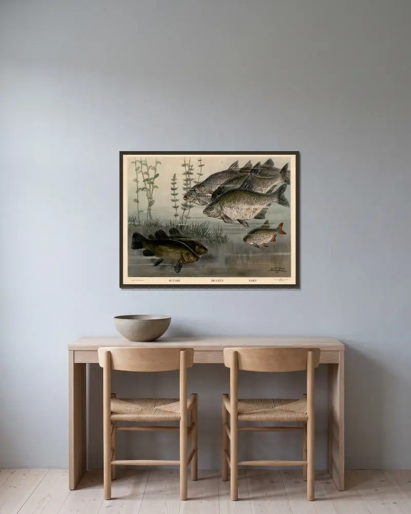 Sutare. Braxen. Sarv. av Nils Tirén inramad på en vägg