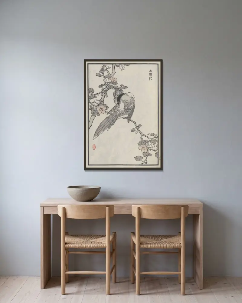 Bairei hyakuchō gafu. Ten Pl.03 av Kōno Bairei inramad på en vägg