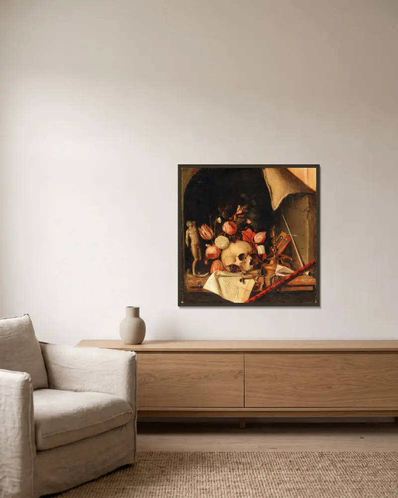A trompe-l’oeil vanitas still life av Cornelis Norbertus Gijsbrechts inramad på en vägg