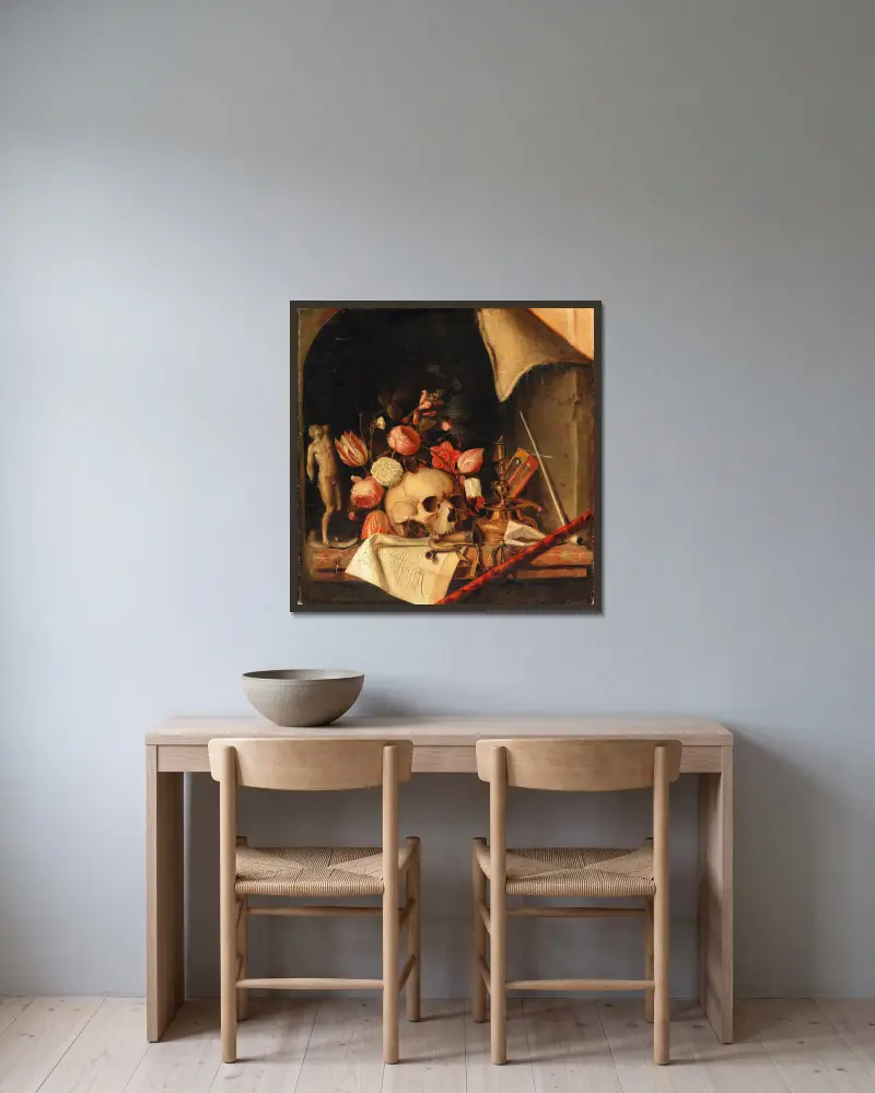 A trompe-l’oeil vanitas still life av Cornelis Norbertus Gijsbrechts inramad på en vägg