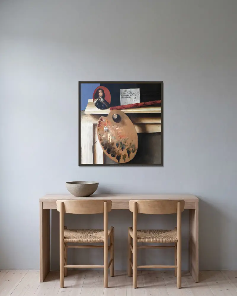 Cut-Out Trompe L’oeil Easel With Fruit Piece av Cornelis Norbertus Gijsbrechts inramad på en vägg