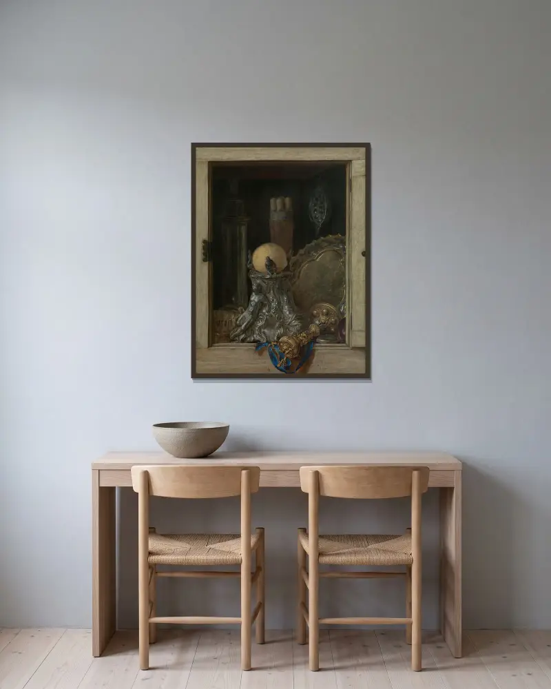 Trompe l’oeil of an open cupboard with precious vessels av Cornelis Norbertus Gijsbrechts inramad på en vägg