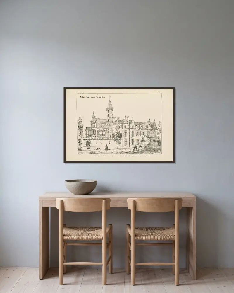 Malines. Mont de Piété. Vy från gatan av Richard Norman Shaw inramad på en vägg