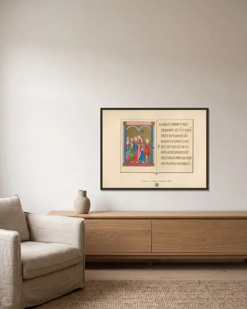 Die Evangelien von MacDurnan III von John Obadiah Westwood gerahmt an einer Wand