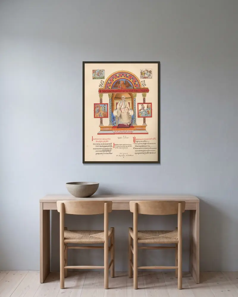 Die Evangelien des Heiligen Augustinus und des Heiligen Cuthbert von John Obadiah Westwood gerahmt an einer Wand