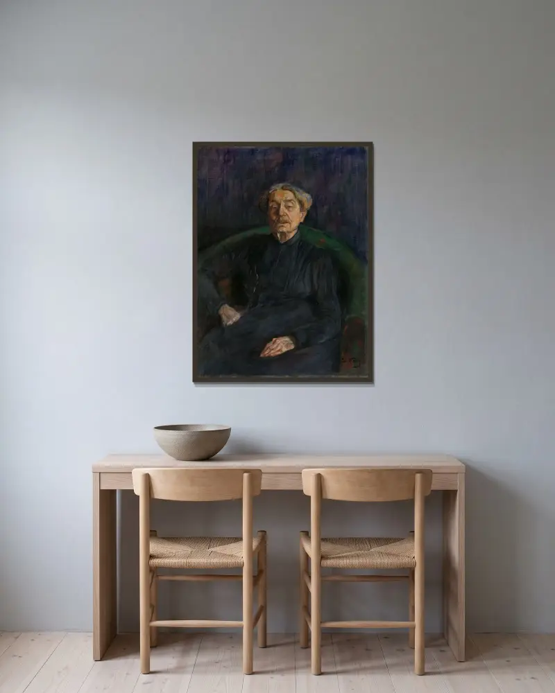 Portrait of the Artist Aasta Hansteen av Oda Krohg inramad på en vägg