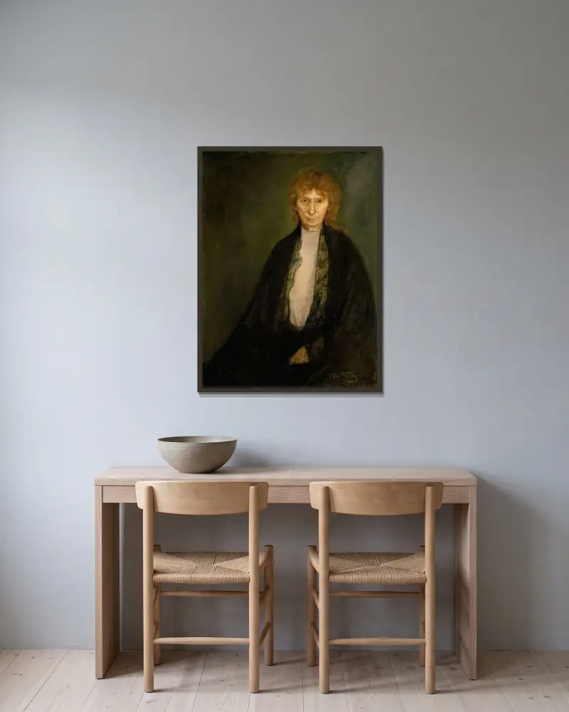 Portrait of the Author Rota Margrethe Vullum av Oda Krohg inramad på en vägg