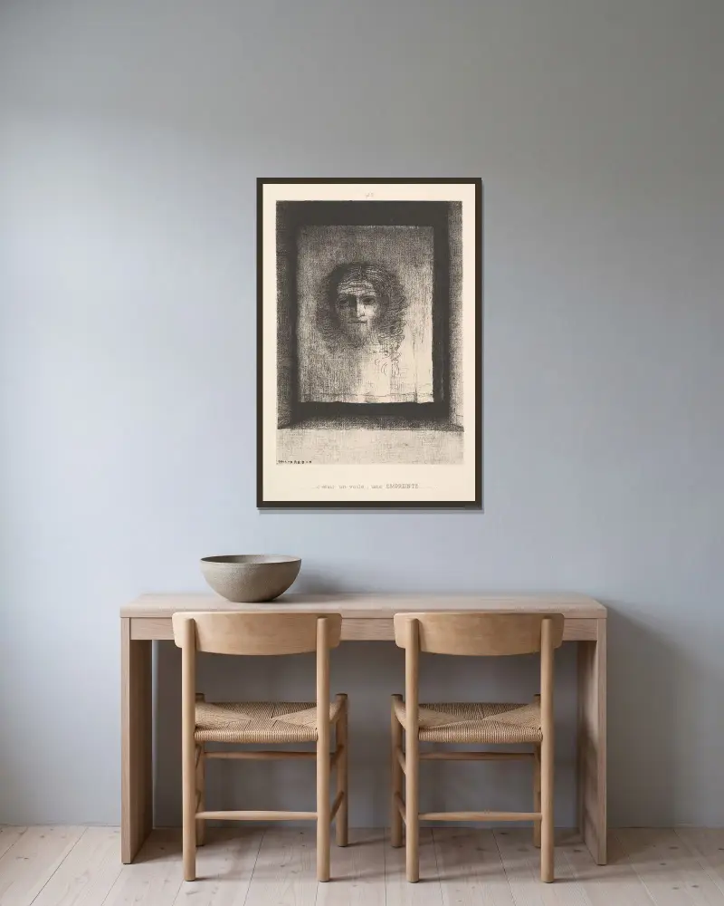 Ein Schleier, ein gedrucktes Bild von Odilon Redon gerahmt an einer Wand