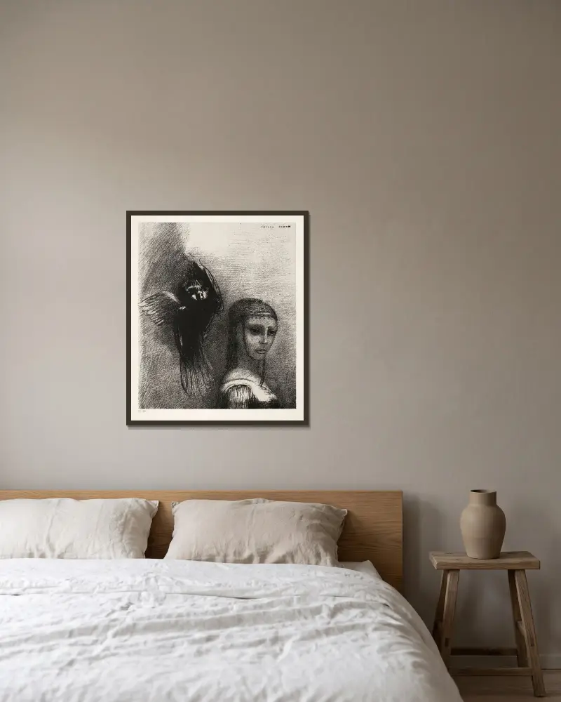 Och en stor fågel, som störtar ner från himlen, kastar sig mot hennes hårs högsta punkt av Odilon Redon inramad på en vägg