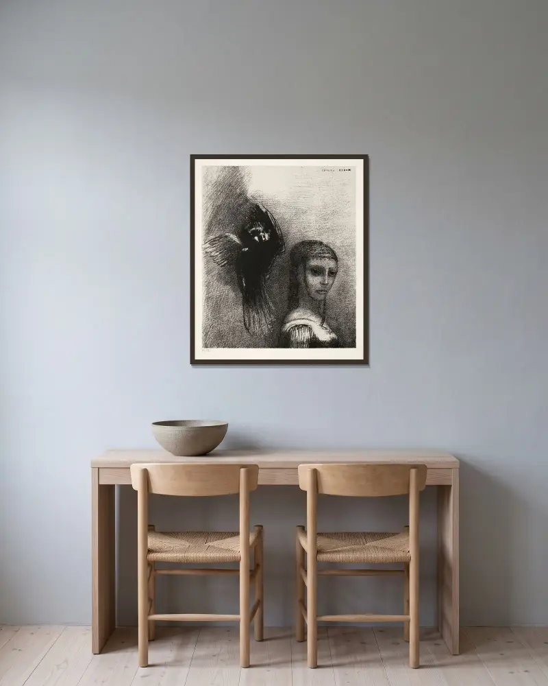 Och en stor fågel, som störtar ner från himlen, kastar sig mot hennes hårs högsta punkt av Odilon Redon inramad på en vägg