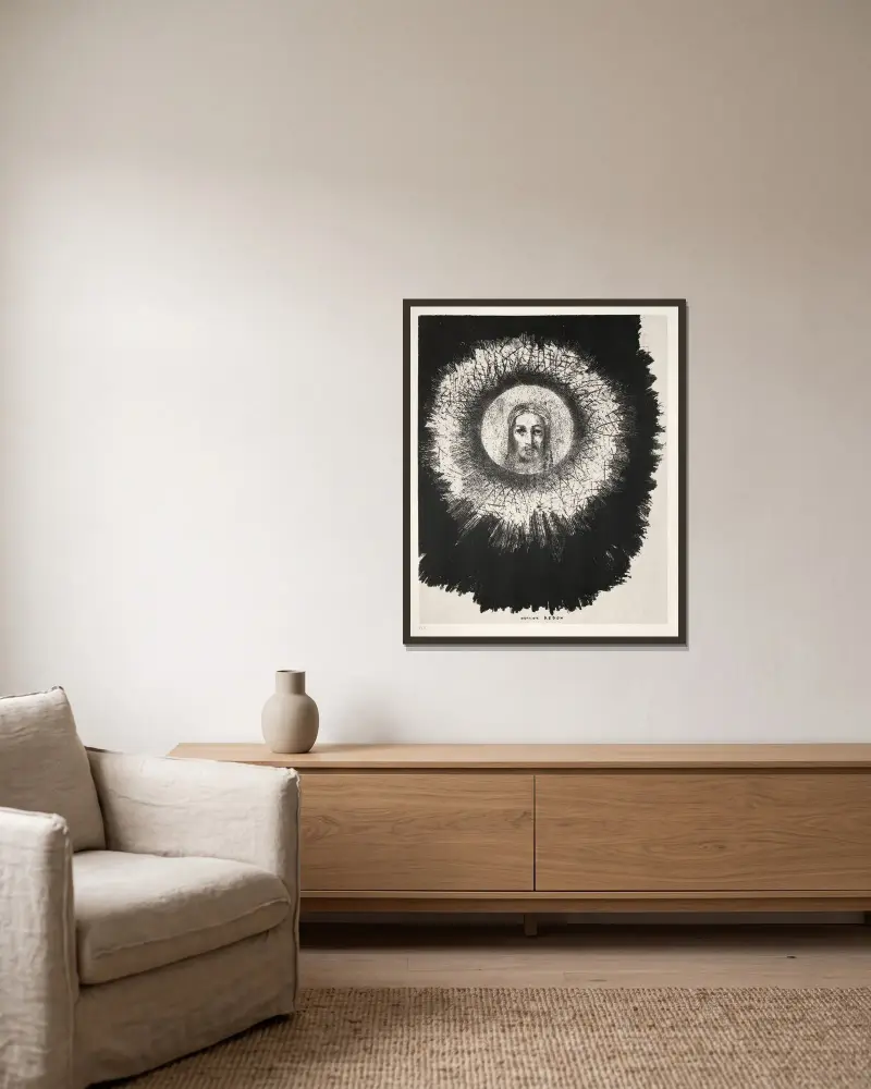 And In the Very Disk of the Sun Shines the Face of Jesus Christ av Odilon Redon inramad på en vägg