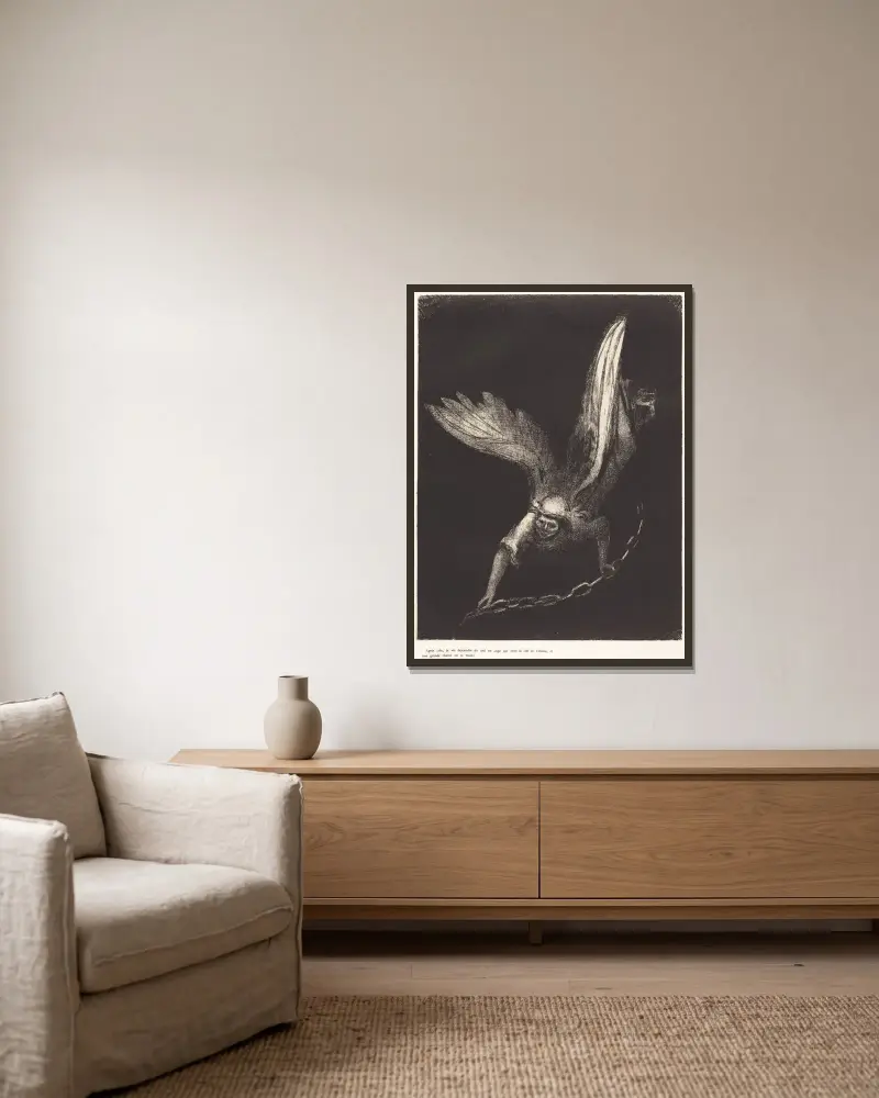 Apres cela je vis descendre du ciel un ange qui avait la clef de l’abime, et une grande chaine en sa main av Odilon Redon inramad på en vägg