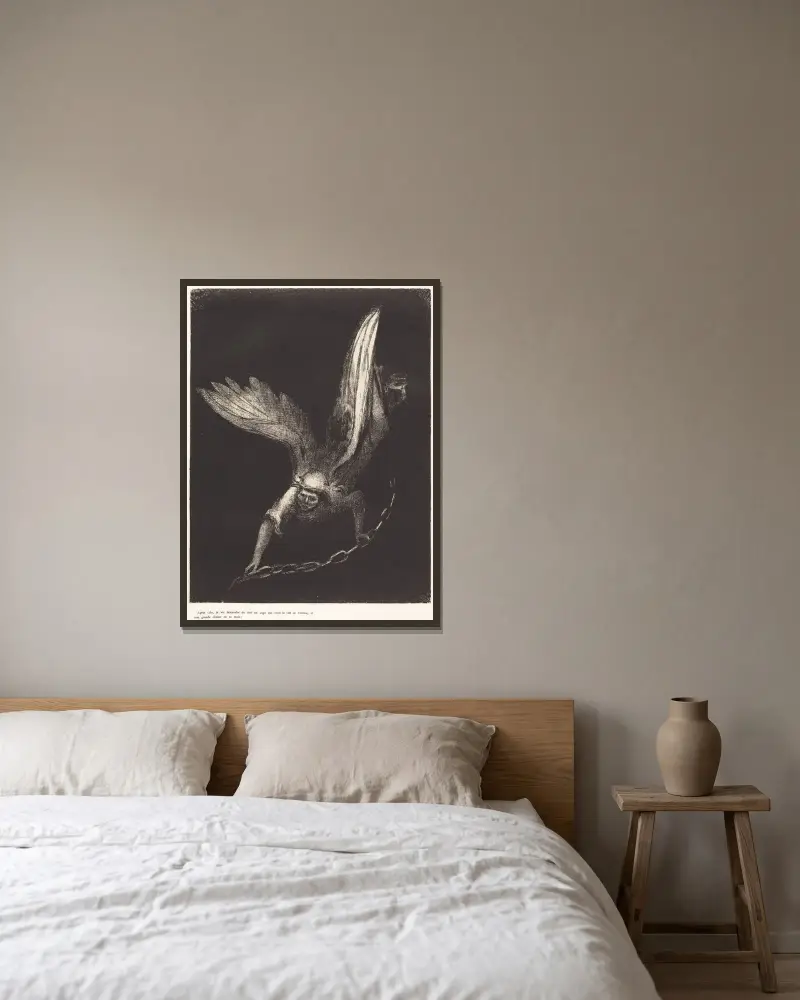 Apres cela je vis descendre du ciel un ange qui avait la clef de l’abime, et une grande chaine en sa main av Odilon Redon inramad på en vägg