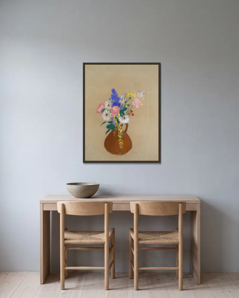 Květinové zátiší v hnědé váze, Odilon Redon v rámu na stěně