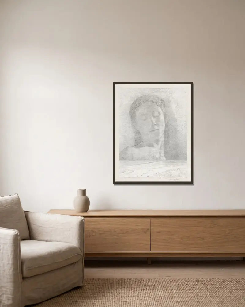Geschlossene Augen, 1890 – Nr. 2 von Odilon Redon gerahmt an einer Wand