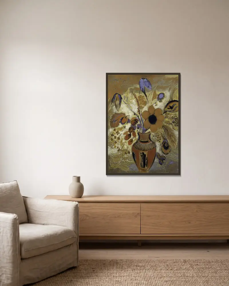 Etruskische Vase mit Blumen von Odilon Redon gerahmt an einer Wand