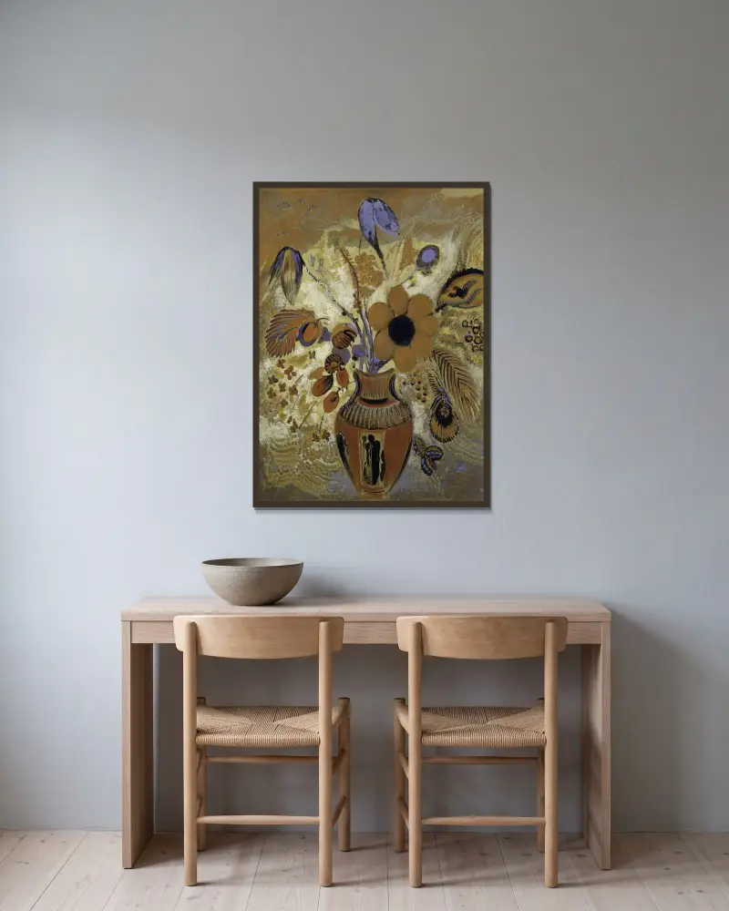 Etruskische Vase mit Blumen von Odilon Redon gerahmt an einer Wand