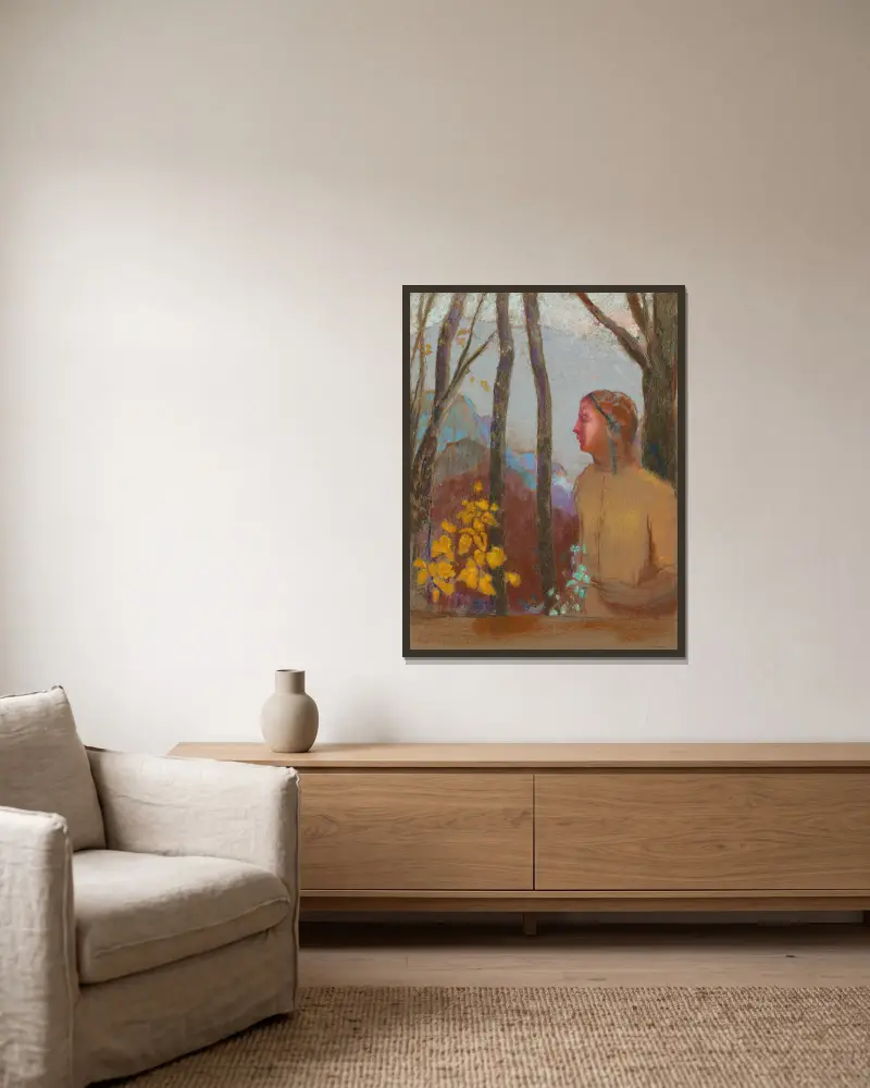 Beschwörung (Frau am Berg) von Odilon Redon gerahmt an einer Wand