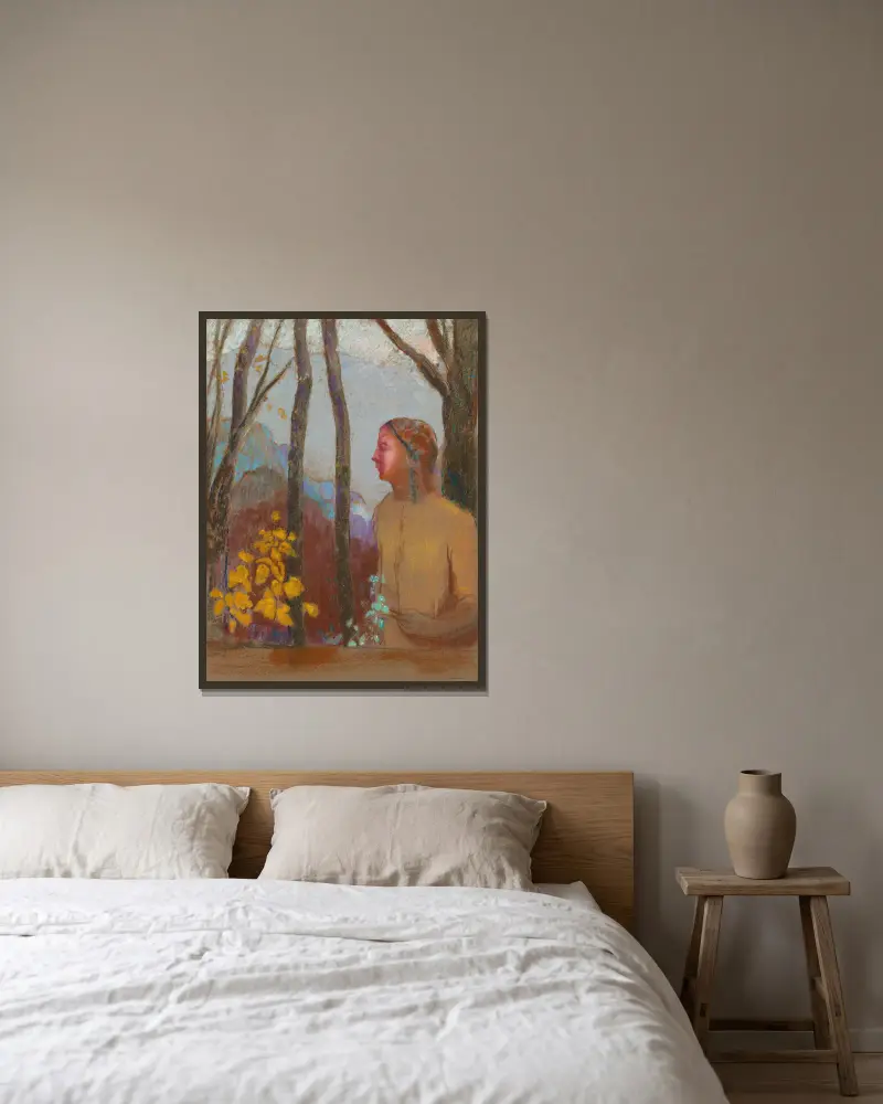Beschwörung (Frau am Berg) von Odilon Redon gerahmt an einer Wand
