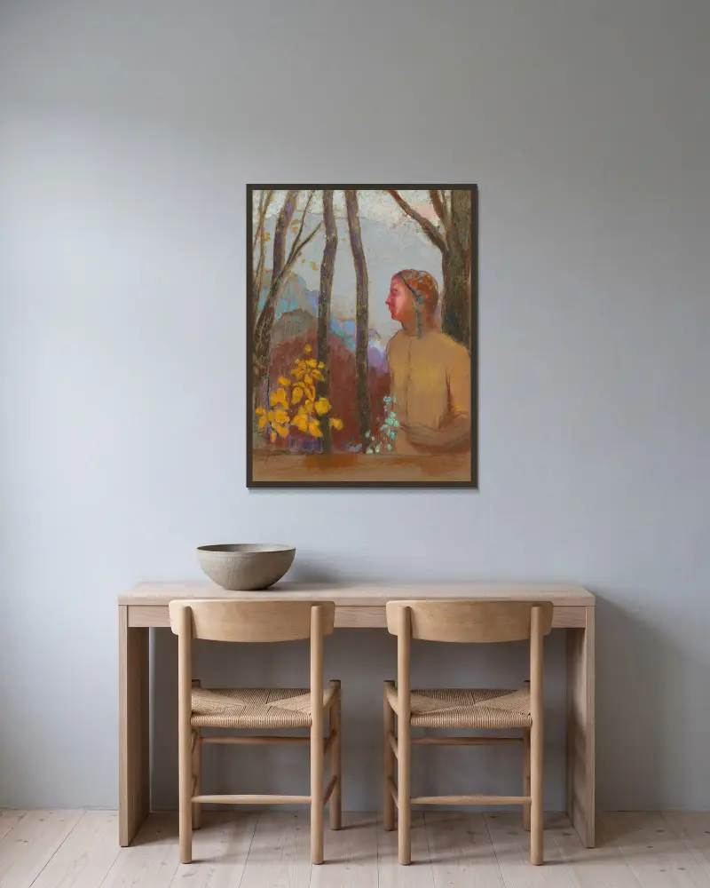 Beschwörung (Frau am Berg) von Odilon Redon gerahmt an einer Wand