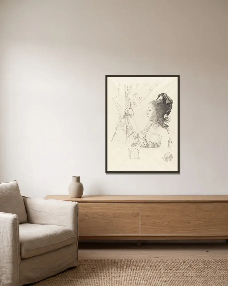 Frau im Profil von Odilon Redon gerahmt an einer Wand