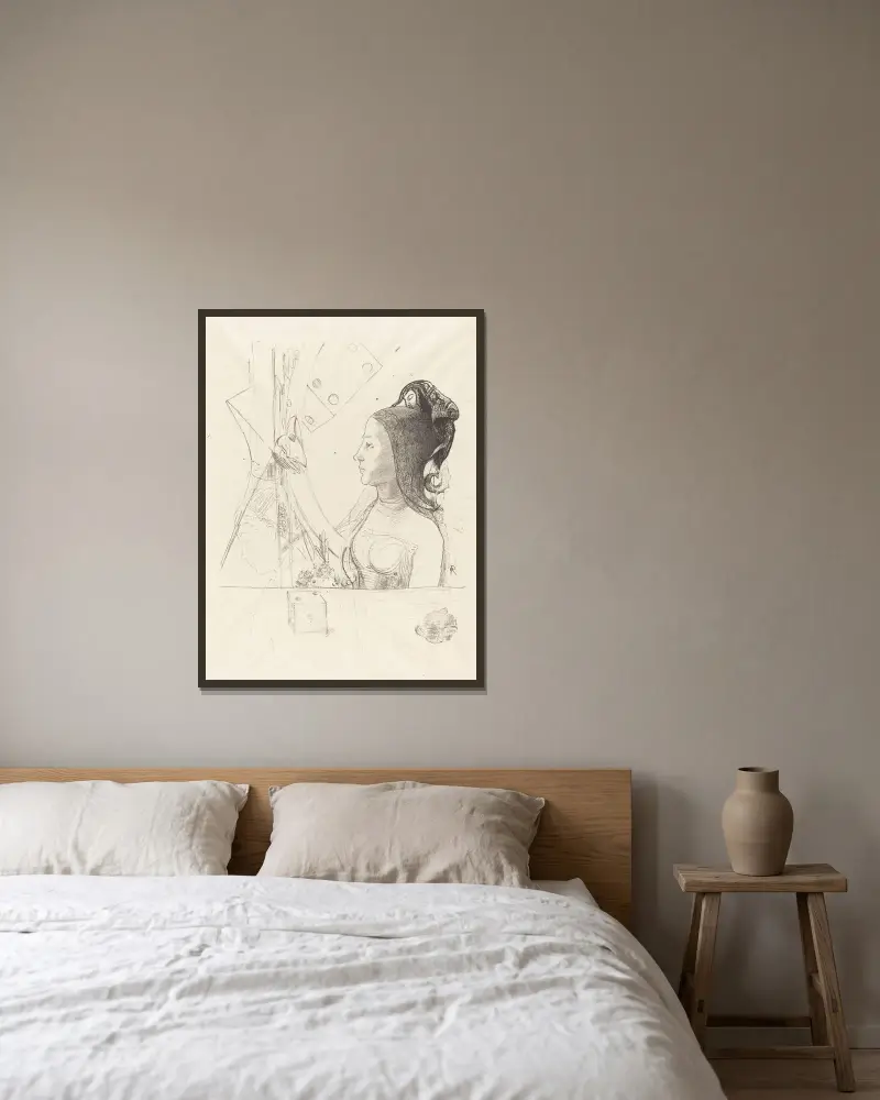 Frau im Profil von Odilon Redon gerahmt an einer Wand