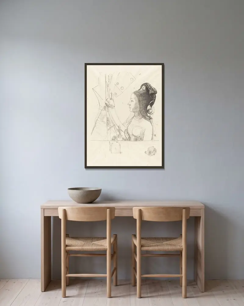 Frau im Profil von Odilon Redon gerahmt an einer Wand