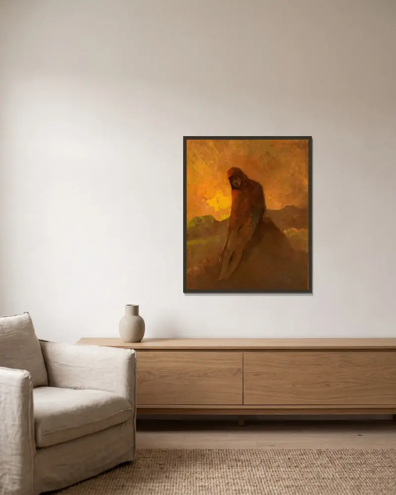 Figure en rouge assise sur un rocher av Odilon Redon inramad på en vägg