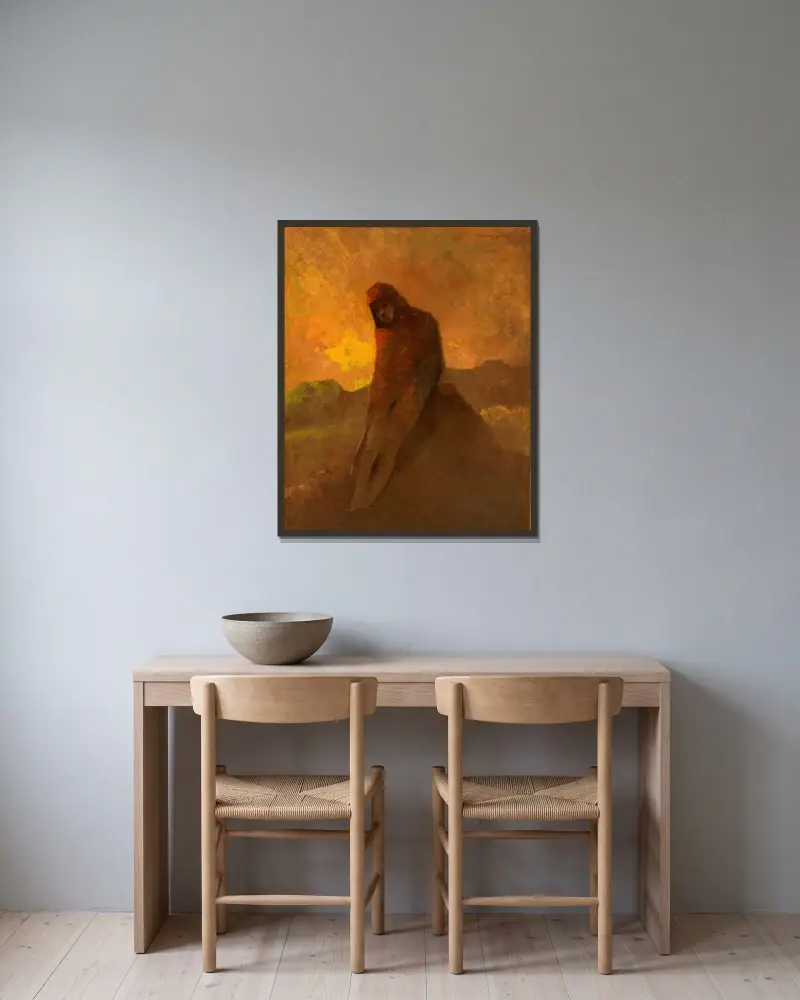 Figure en rouge assise sur un rocher av Odilon Redon inramad på en vägg
