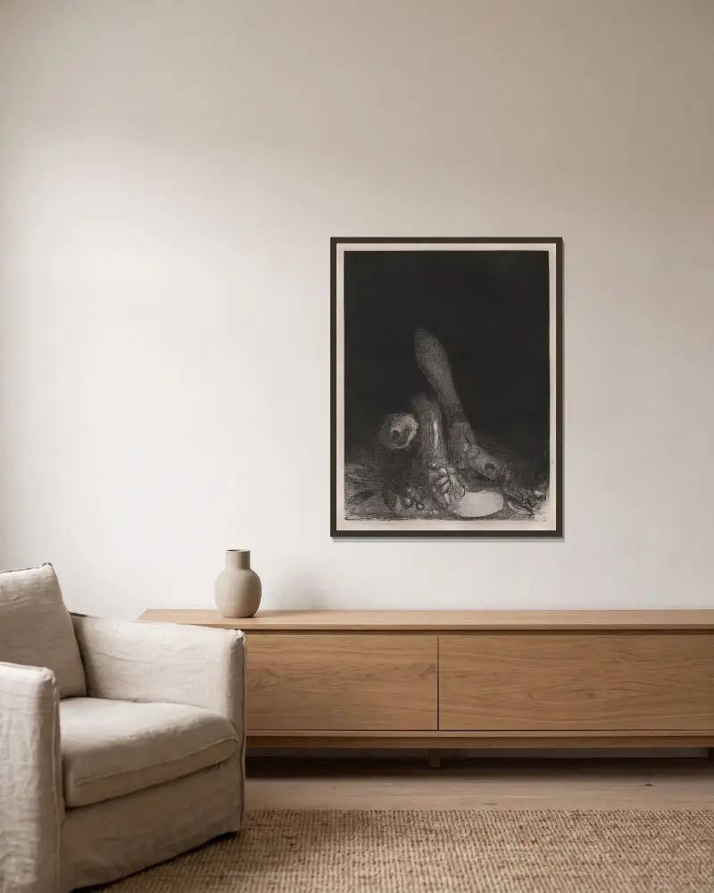 Blumen fallen und ein Pythonkopf erscheint von Odilon Redon gerahmt an einer Wand