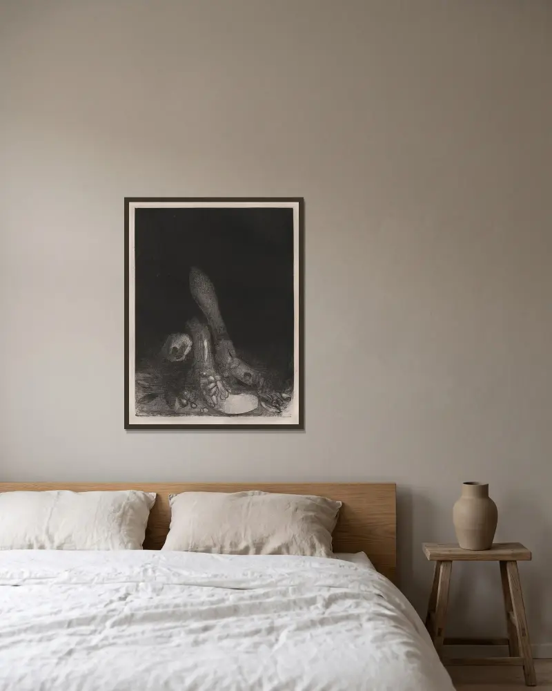 Blumen fallen und ein Pythonkopf erscheint von Odilon Redon gerahmt an einer Wand