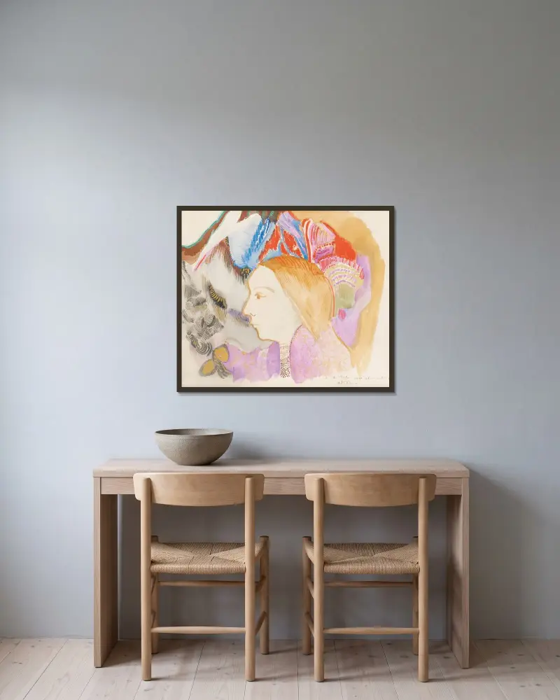 Jeune Fille Et Fleurs av Odilon Redon inramad på en vägg