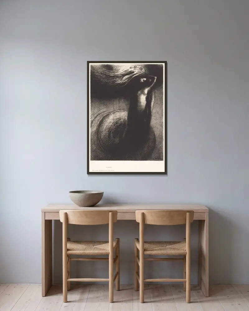 La Mort; Mon ironie depasse toutes les autres! av Odilon Redon inramad på en vägg