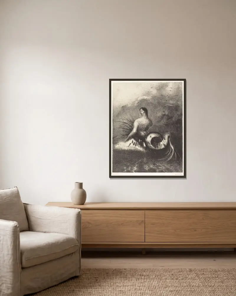 La sirene sortit des flots vetue de dards av Odilon Redon inramad på en vägg
