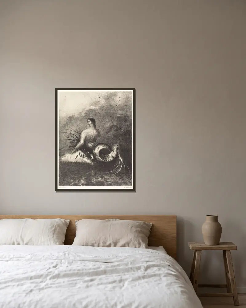 La sirene sortit des flots vetue de dards av Odilon Redon inramad på en vägg
