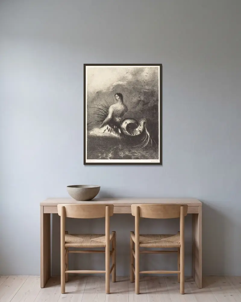 La sirene sortit des flots vetue de dards av Odilon Redon inramad på en vägg