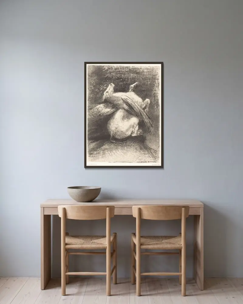 L’Aile impuissante n’eleva point la bete en ces noirs espaces av Odilon Redon inramad på en vägg