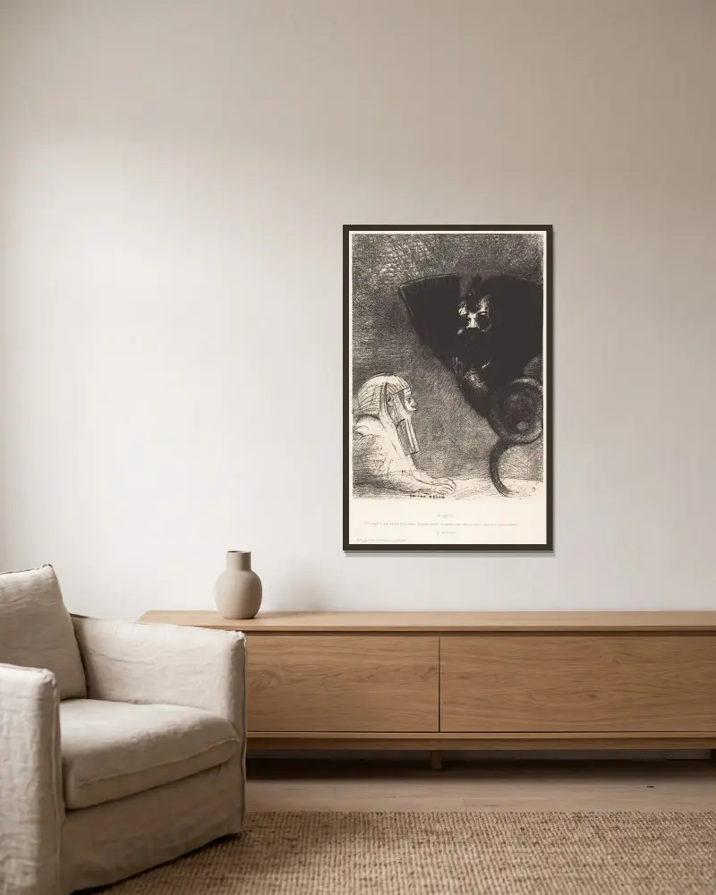 Le Sphynx…mon regard que rien ne peut devier, demeure tendu a travers les choses sur un horizon inaccessible. La Chimere; Moi,Je suis legere et joyeuse, 1889 – nr 1 av Odilon Redon inramad på en vägg