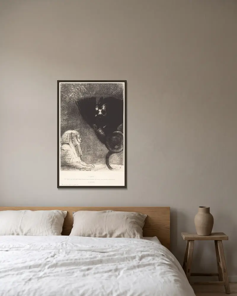 Le Sphynx…mon regard que rien ne peut devier, demeure tendu a travers les choses sur un horizon inaccessible. La Chimere; Moi,Je suis legere et joyeuse, 1889 – nr 1 av Odilon Redon inramad på en vägg