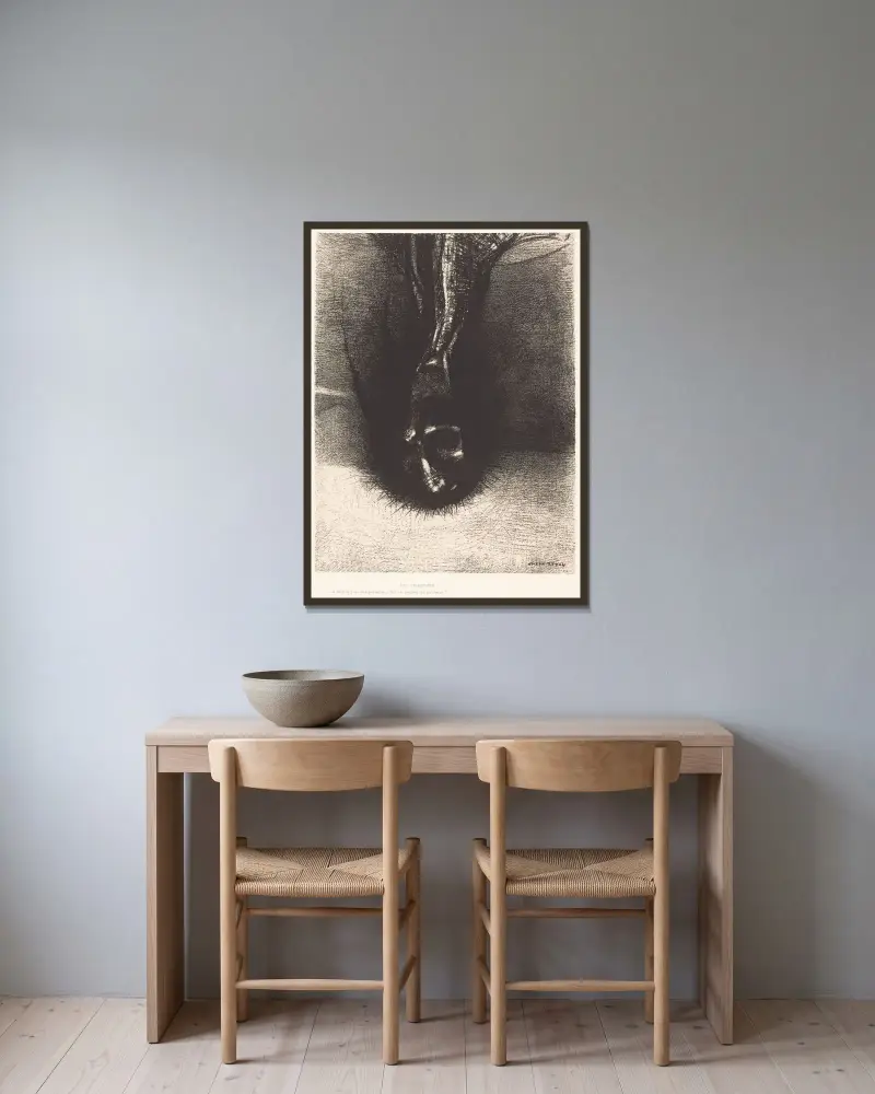 Die Skiapoden; den Kopf so tief wie möglich zu halten, das ist das Geheimnis des Glücks! von Odilon Redon gerahmt an einer Wand