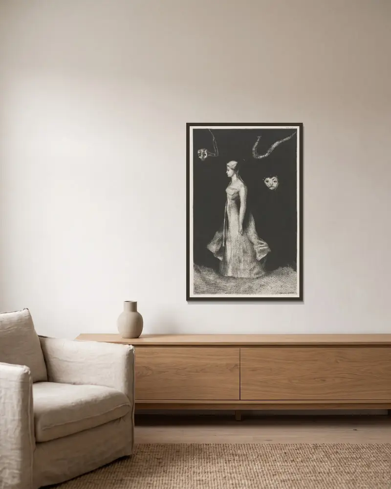 Obsession av Odilon Redon inramad på en vägg