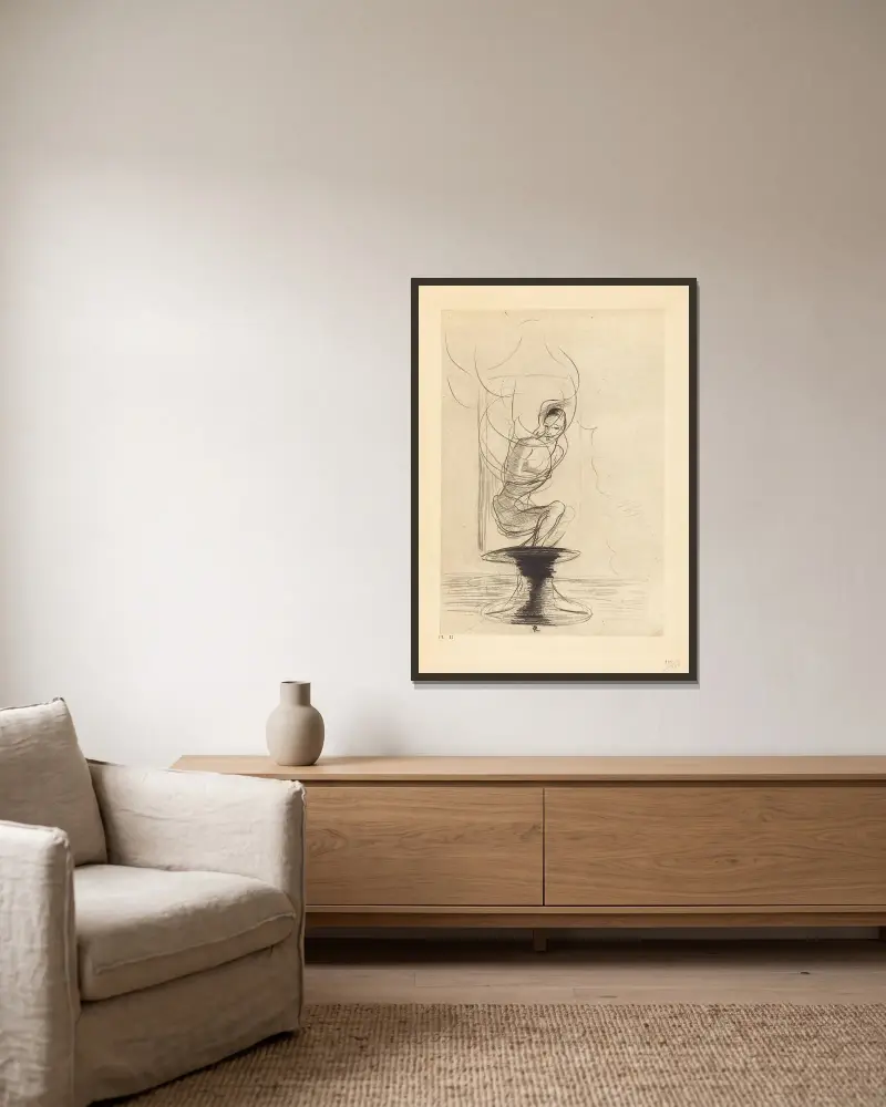 Manchmal findet man eine alte Flasche, die sich erinnert, aus der eine lebendige Seele hervorspringt, 1890 – Nr. 1 von Odilon Redon gerahmt an einer Wand